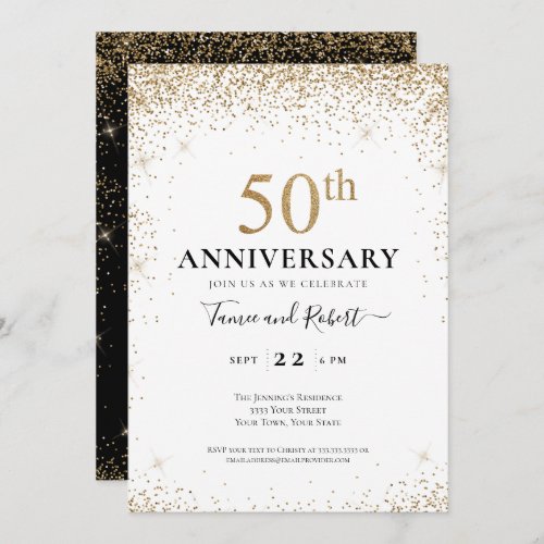 Black White Gold 50th Wedding Anniversary  Invitation