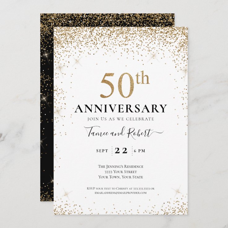 Black White Gold 50th Wedding Anniversary Invitation | Zazzle