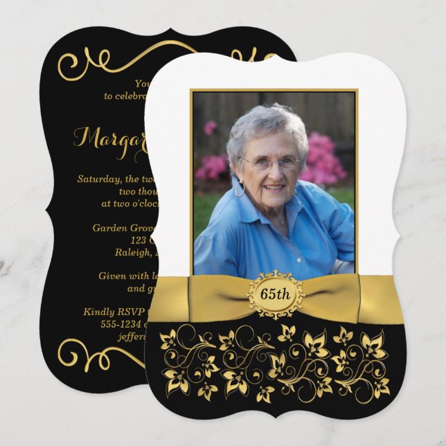 Black, White, Gold 65th Photo Birthday Invitation (Front/Back)
