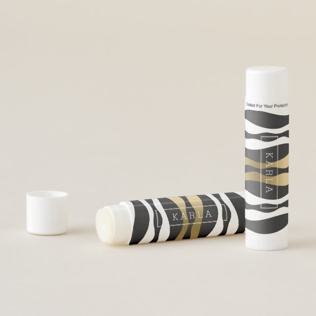 Black White & Gold Abstract Zebra Stripes Lip Balm (In Situ)