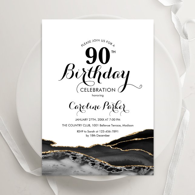 Black White Gold Agate 90th Birthday Invitation (Creator Uploaded)
