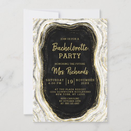 Black White  Gold Agate Geode Bachelorette Party Invitation