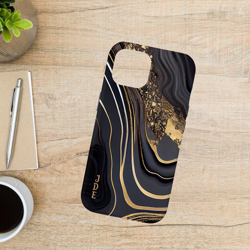 Black White Gold Agate Monogrammed Linear iPhone 15 Case