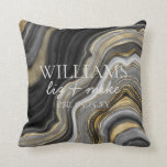 Black White Gold Agate Name Wedding Date Keepsake Throw Pillow<br><div class="desc">Personalized wedding keepsake. This modern, natural design pillow features a digital black, white and gold agate background, with the couple's married name in all cap serif typography. The couple's first names are written below in hand lettered script typography, followed by the wedding date to match the surname, all in matching...</div>