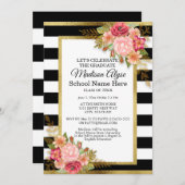 Black White Gold and Pink Floral Graduation Party Invitation (Front/Back)