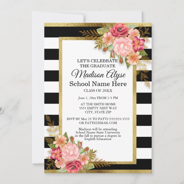 Black White Gold and Pink Floral Graduation Party Invitation (Front)
