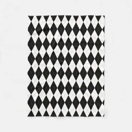 Black  White  Gold Argyle Pattern Fleece Blanket