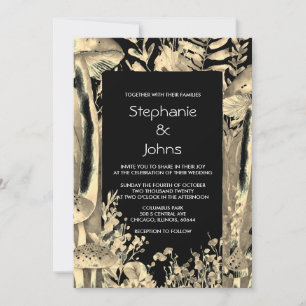 Black White Gold Artsy Mushroom Woodland Wedding Invitation
