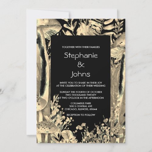 Black White Gold Artsy Mushroom Woodland Wedding Invitation