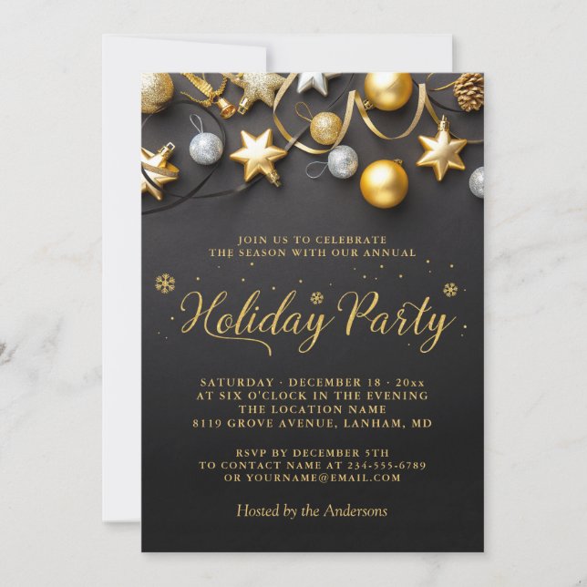 Black White Gold Baubles Annual Holiday Party Invitation (Front)