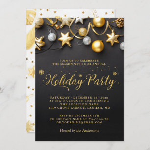 Black White Gold Baubles Annual Holiday Party Invitation