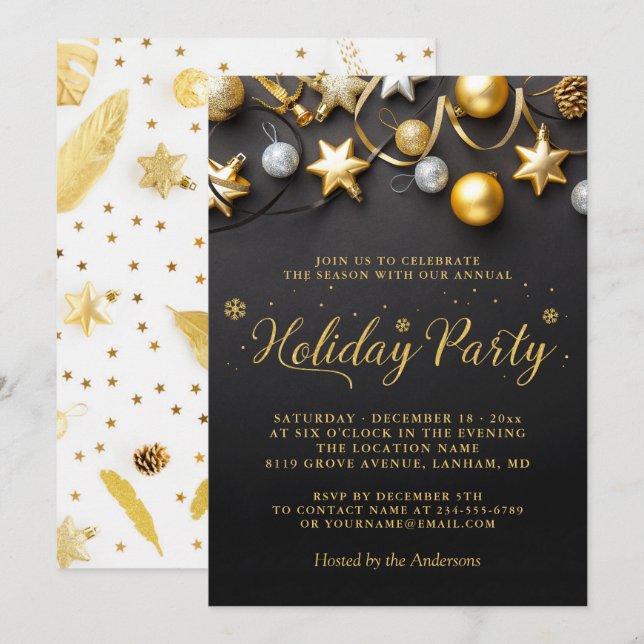 Black White Gold Baubles Annual Holiday Party Invitation (Front/Back)
