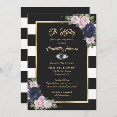 Black White Gold Blue Pink Floral Baby Shower Invitation