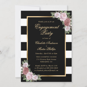 Black White Gold Blush Floral Engagement Party Invitation