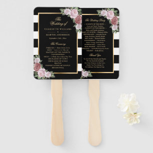 Black White Gold Blush Floral Wedding Program Hand Fan
