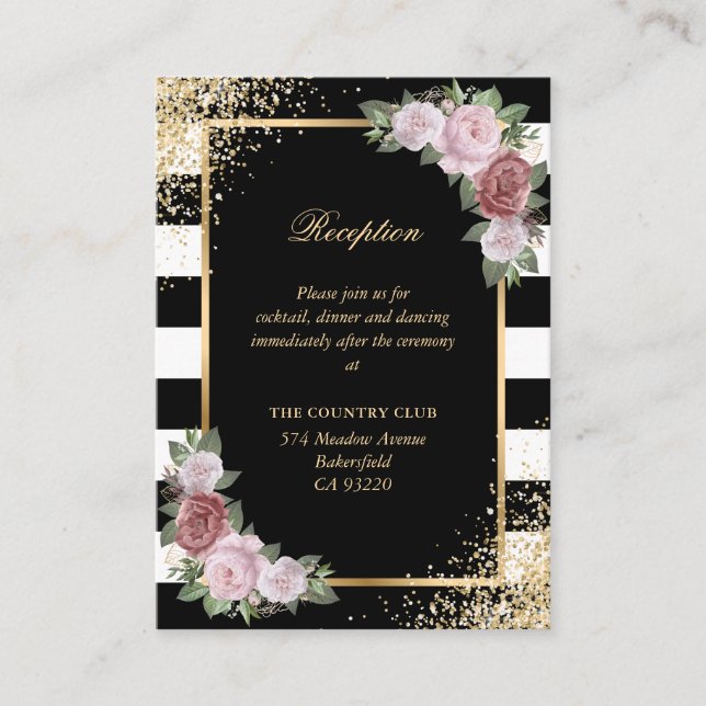 Black White Gold Blush Floral Wedding Reception Enclosure Card (Front)