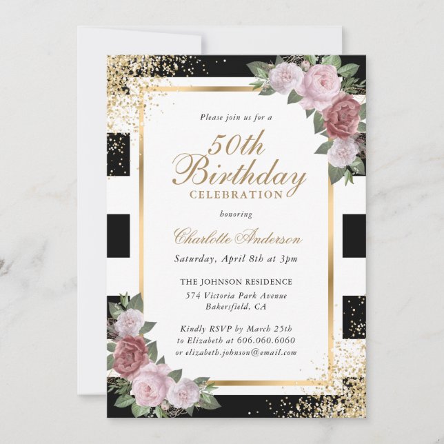 Black White Gold Blush Pink Floral 50th Birthday Invitation (Front)