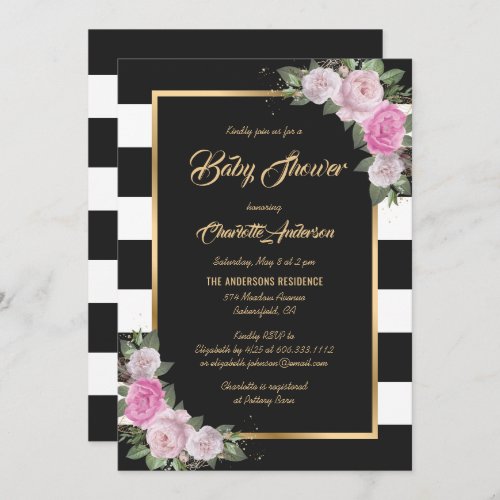 Black White Gold Blush Pink Floral Baby Shower Invitation