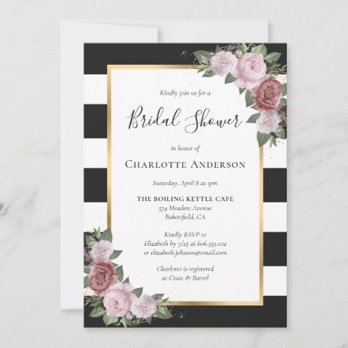 Black White Gold Blush Pink Floral Bridal Shower Invitation