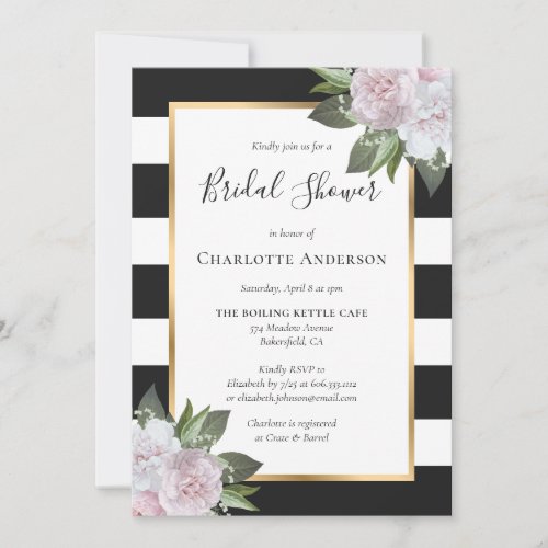 Black White Gold Blush Pink Floral Bridal Shower Invitation