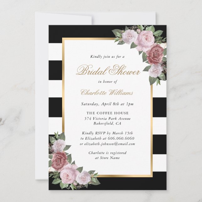 Black White Gold Blush Pink Floral Bridal Shower Invitation (Front)