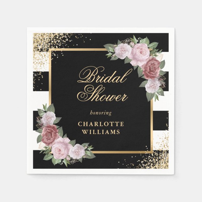 Black White Gold Blush Pink Floral Bridal Shower Napkins (Front)