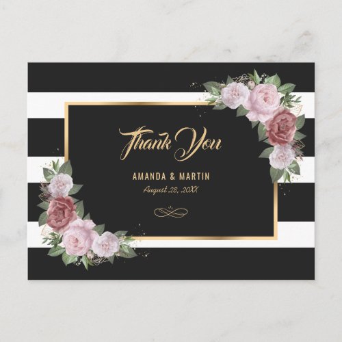 Black White Gold Blush Pink Floral Thank You Postcard