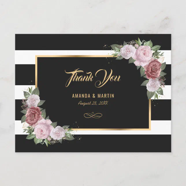 Black White Gold Blush Pink Floral Thank You Postcard | Zazzle