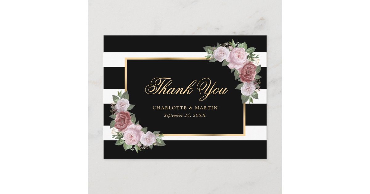 Black White Gold Blush Pink Floral Thank You Postcard | Zazzle