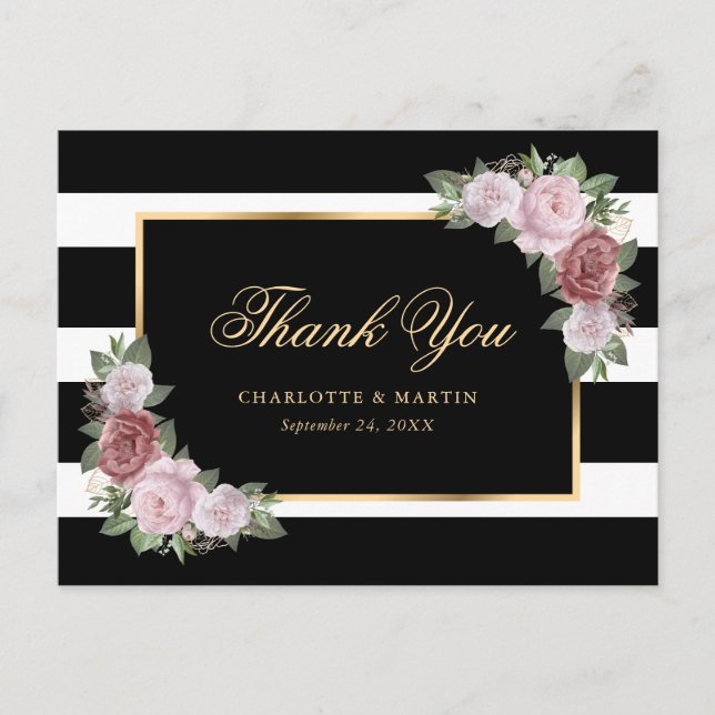 Black White Gold Blush Pink Floral Thank You Postcard (Front)