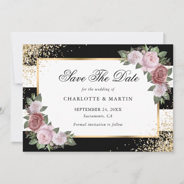 Black White Gold Blush Pink Floral Wedding Save The Date (Front)