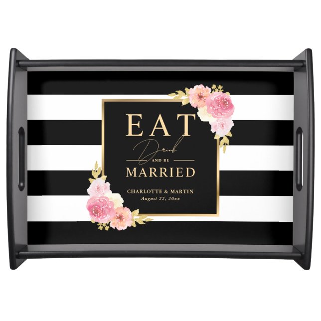 Black White Gold Blush Pink Floral Wedding Serving Tray (Front)