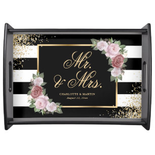 Black White Gold Blush Pink Floral Wedding Serving Tray