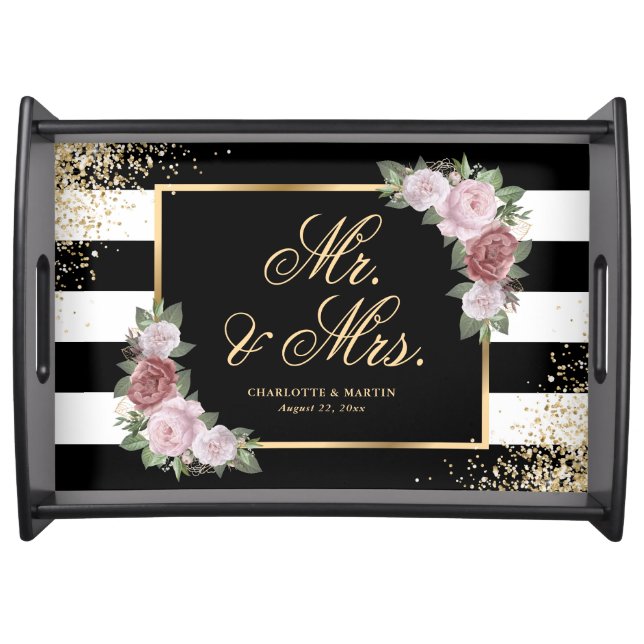 Black White Gold Blush Pink Floral Wedding Serving Tray (Front)