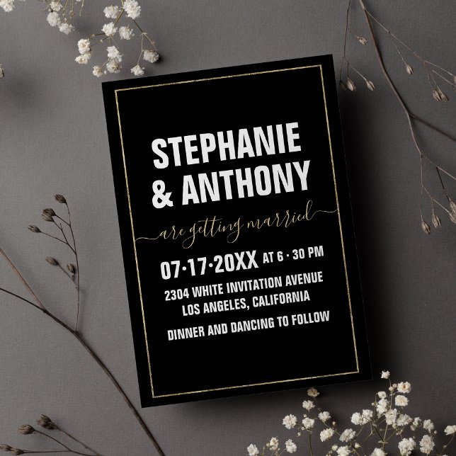  Black white gold bold script typography wedding Invitation (Black white gold bold script typography wedding)