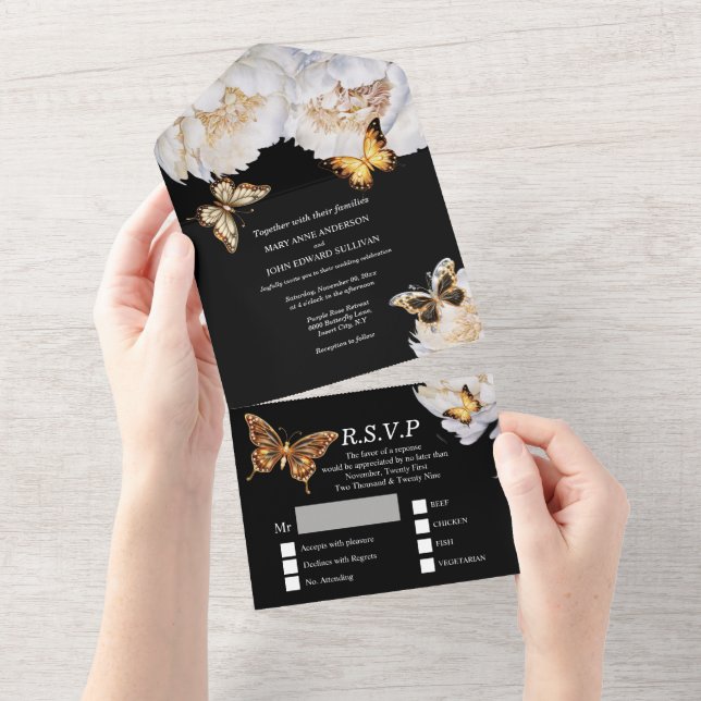 Black white gold butterfly peony flower wedding  all in one invitation (Tearaway)