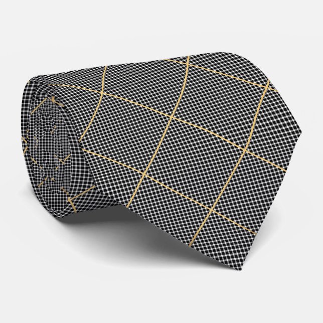 BLACK WHITE GOLD CHECKERED ABSTRACT TIE (Rolled)