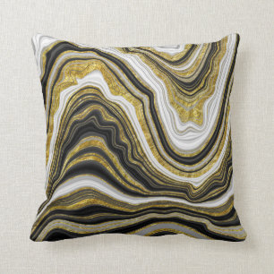 Black White & Gold Chic Swirl Modern Abstract Throw Pillow
