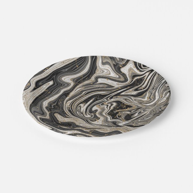 Black White & Gold Chic Swirl Modern Wedding Paper Plates (Angled)