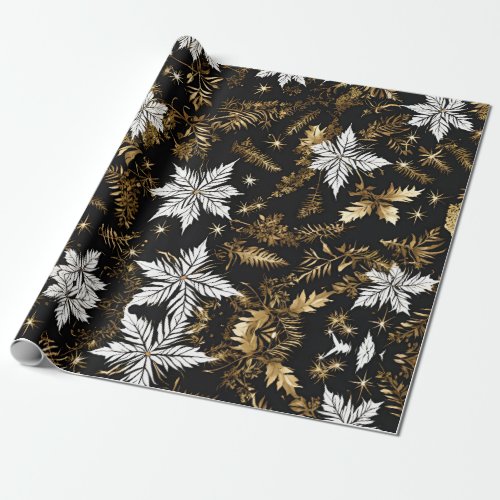 Black White Gold Christmas Flower Wrapping Paper