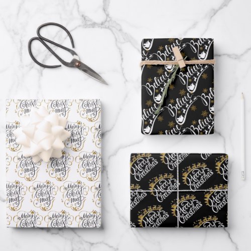 Black White Gold Christmas Holiday Text Typography Wrapping Paper Sheets