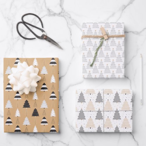 Black White Gold Christmas Trees  Wrapping Paper Sheets