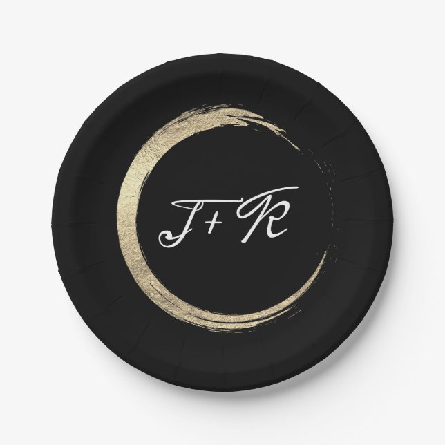 Black White Gold Circle Monogram Initials Minimal Paper Plates (Front)