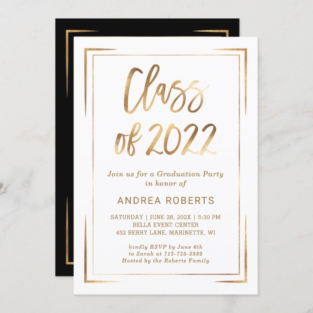 Black White Gold Class of 2022 Graduation Party Invitation (Front/Back)