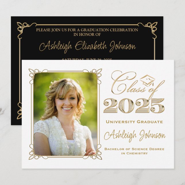 Black, White, Gold Class of 2025 Photo Graduation Invitation (Front/Back)