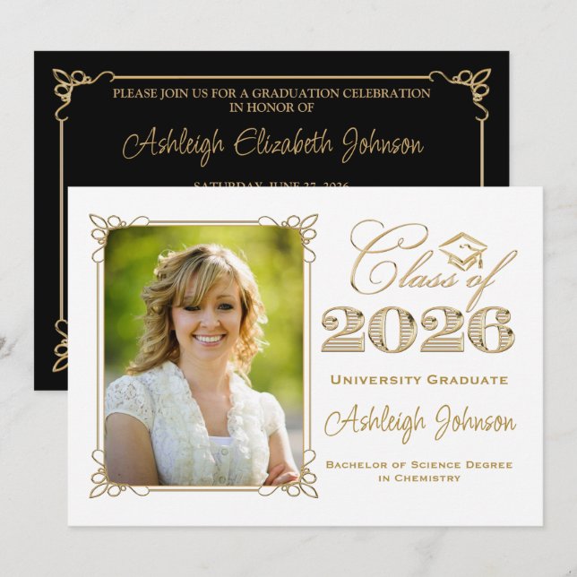 Black, White, Gold Class of 2026 Photo Graduation Invitation (Front/Back)