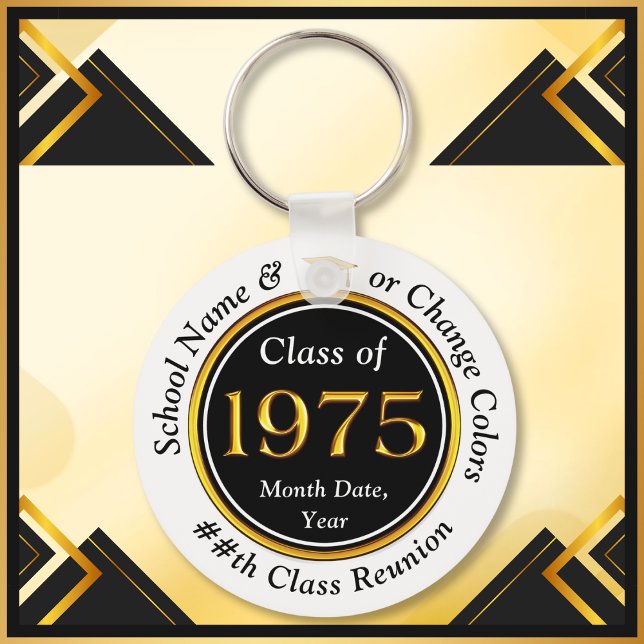 Black, White, Gold, Class of '75, Class Reunion Keychain (Class of 1975 Reunion. Personalized Class Reunion Keychains. Class of 75 ideas, party favors, gifts.)