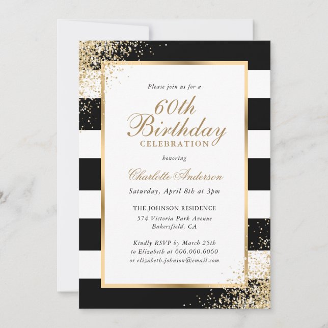 Black White Gold Confetti 60th Birthday Invitation (Front)