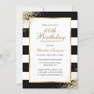 Black White Gold Confetti 60th Birthday Invitation