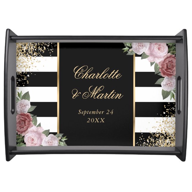 Black White Gold Confetti Blush Floral Wedding Serving Tray (Front)